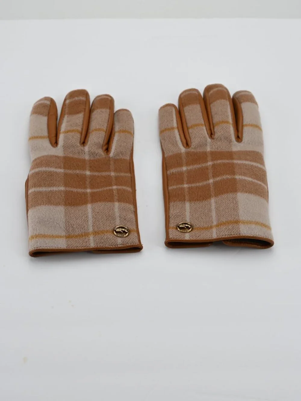 Coach Horse and Carriage Tan Plaid Tech woman's Gloves Leather/Wool Sz 8